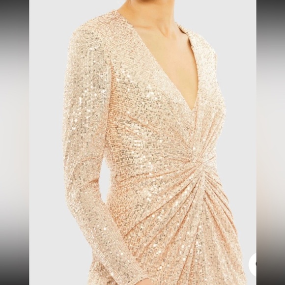IEENA For Mac Duggal Rose Gold Sequin Knotted Long Sleeve Midi High Low Dress 0 - Picture 3 of 15